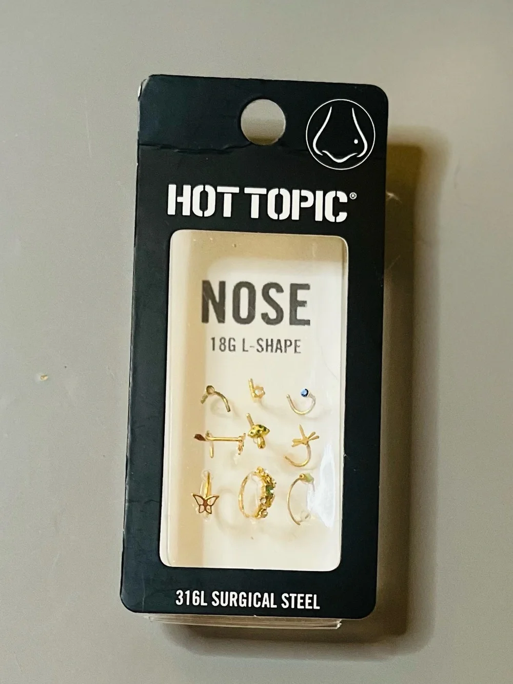 Hot Topic Nose Stud Set 9 Pack 18G L-Shape Gold Butterfly Mushroom NWT